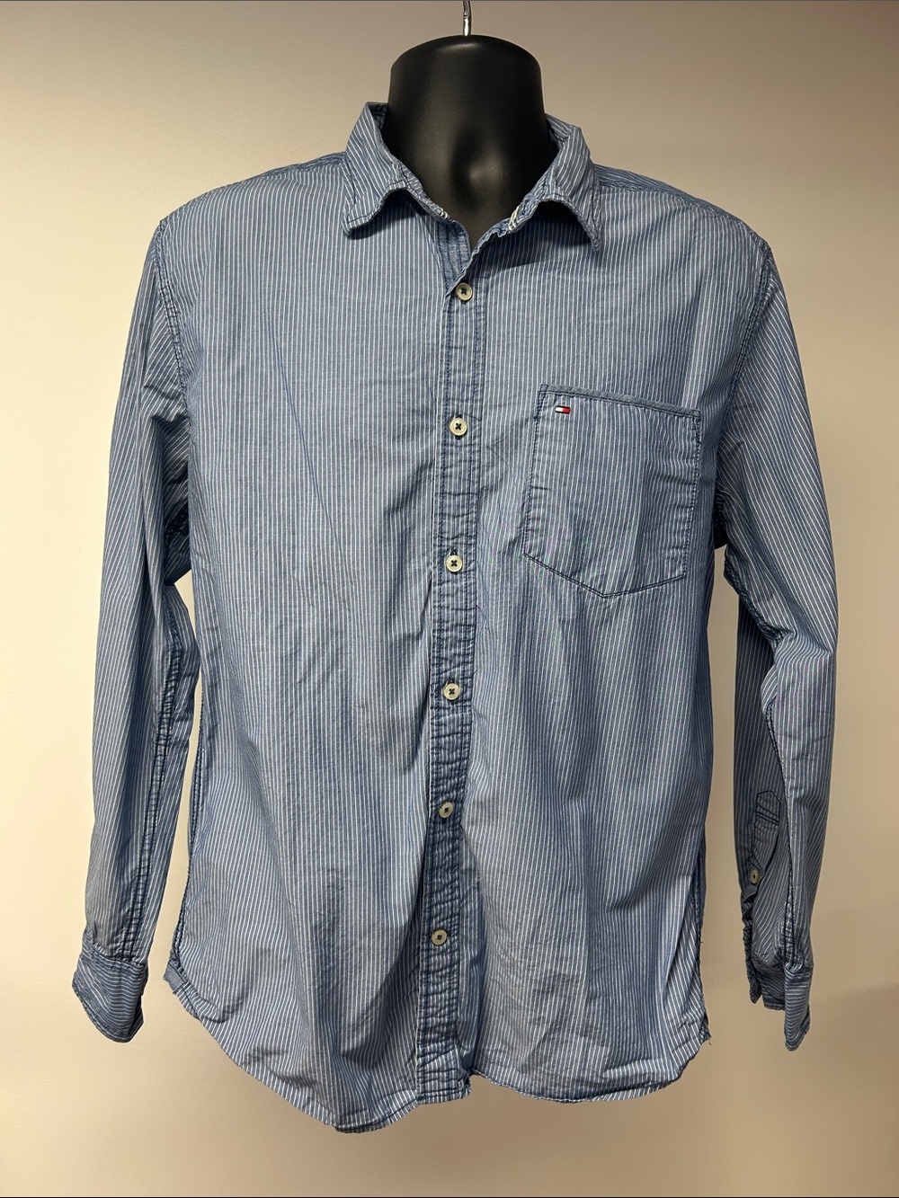 Tommy Hilfiger Premium Denim Blue Pinstripe Button Down Shirt L